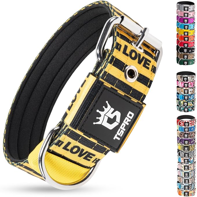 TSPRO Tactical Heavy Duty Dog Collar 1.5 Inch Wide & Thick, Durable Metal Buckle, Adjustable for Medium to Large Dogs, Strong & Comfortable for Daily Use (Love Striped Print, L)