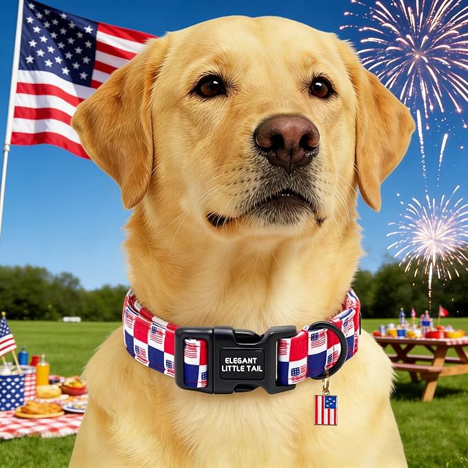 Elegant Little Tail 4th of July Dog Collar with Pendant, American Dog Collars Patriotic Red White Blue Pattern, Sturdy Quick-Release Plastic Buckle Adjustable Pet Collar for Large Dogs