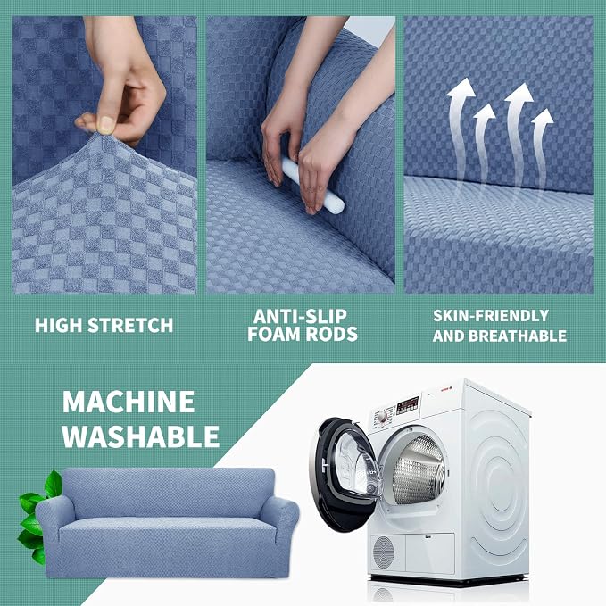 YEMYHOM Couch Cover Latest Jacquard Design High Stretch Sofa Covers for 2 Cushion Couch, Pet Dog Cat Proof Loveseat Slipcover Non Slip Magic Elastic Furniture Protector (Medium, Light Blue)
