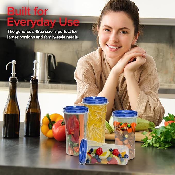Stock Your Home 48oz Plastic Containers with Twist Top Lids (6 Pack), 1.5 Quart Freezer Containers with Lids for Leftover Food, Airtight Reusable Soup Containers, Microwave and Dishwasher Safe