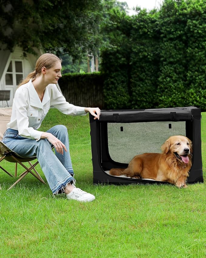 Veraste 24" L x 17" W x 17" H Collapsible Travel Dog Crate, Portable Soft Dog Kennel for Small Medium Pets up to 30 lbs, 4-Door Foldable Travel Crate with Durable Mesh & Storage Bag, Black