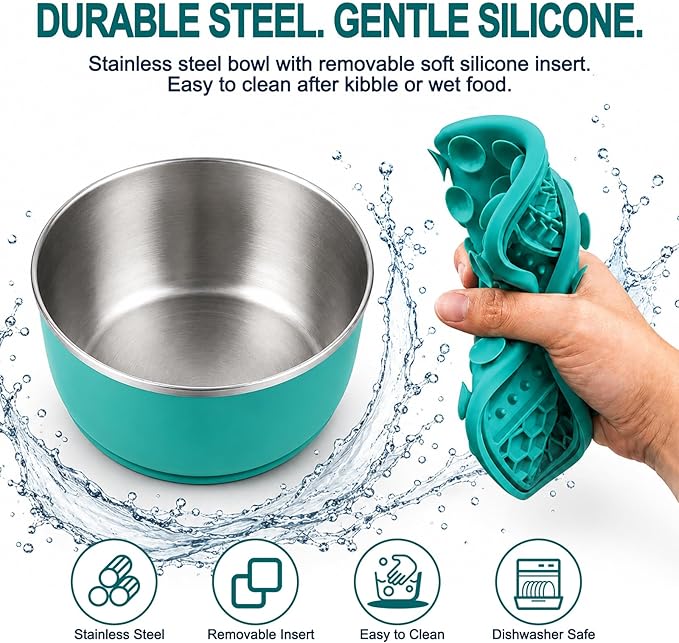 Large Dog Bowl 8 Cups Stainless Steel with Slow Feeder Insert and Lick Mat Storage Lid, 3-in-1 Non-Slip Pet Bowl for Kibble, Wet Food,Travel