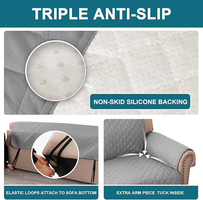 Turquoize 100% Waterproof Sofa Covers Couch Cover Sofa Cover for Dogs Couch Protector Triple Non-Slip Sofa Slipcover for 3 Cushion Couch Furniture Protector for Pets, Kids,Dog (Sofa 70", Dove Gray)