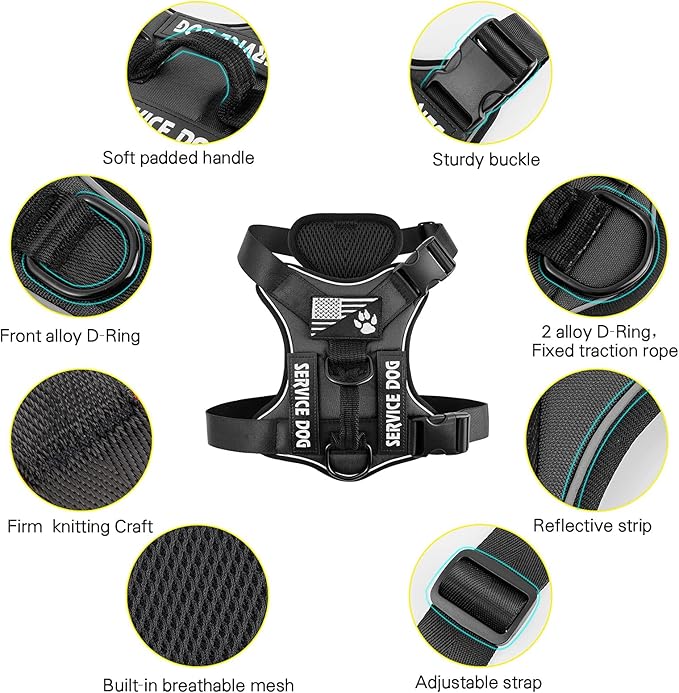 Service Dog Harness, Reflective Dog Vest Harness with 5 PCS Patches, Adjustable Soft Oxford Pet Harness, Inner Layer Mesh, Easy to Control for Dogs