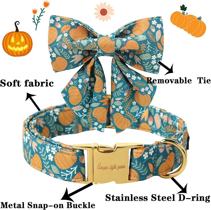 Unique style paws Cartoon Dog Collar with Bowtie Autumn Halloween Puppy Collar with Green Pumpkin for Small Medium Large Boys Girls Dogs