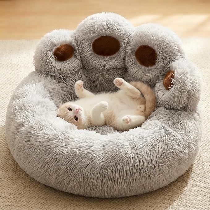 Cat Paw Shaped Cat Bed, Long Plush Calming Cat Bed for Indoor Cats, Washable Pet Bed with Anti-Slip Bottom, Soft Cozy Bed for Small Medium Large Cats & Dogs (Grey, Small)