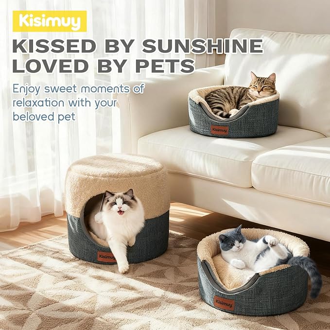 2-in-1 Cat Cave Bed & Lounger with Reversible Plush Cushion, Cat Bed for Indoor Cats, Foldable Anti-Slip Cat House - Calming Cozy Hideaway for Kitten &Small Cats with Anxiety Relief, 15.7in