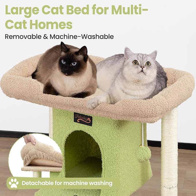 Cat Tree Tower Scratching Post for Indoor Large Cats, Small Cat Tree with Big Perch Bed, 28in Tall Trees House with Condo Cave, Toy Balls, Modern Climbing Furniture Platform for Kitten (Green)