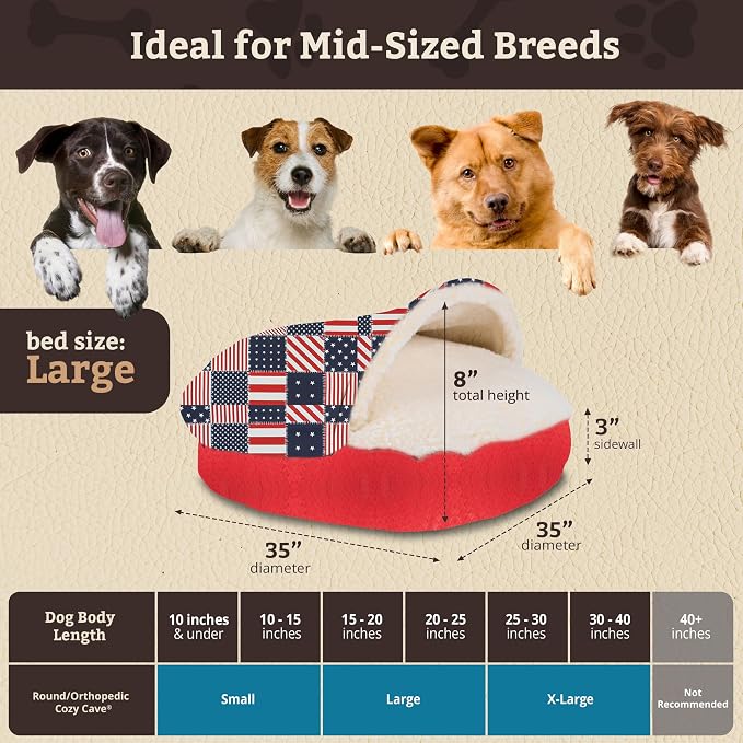 Snoozer Cozy Cave Dog Bed - Indoor Dog Bed with Cover Cave, Covered Calming Burrow for Small & Medium Sized Pets w Blanket Attached, Enclosed, Removable Washable Cover - Large, Starpatch Red Diamond