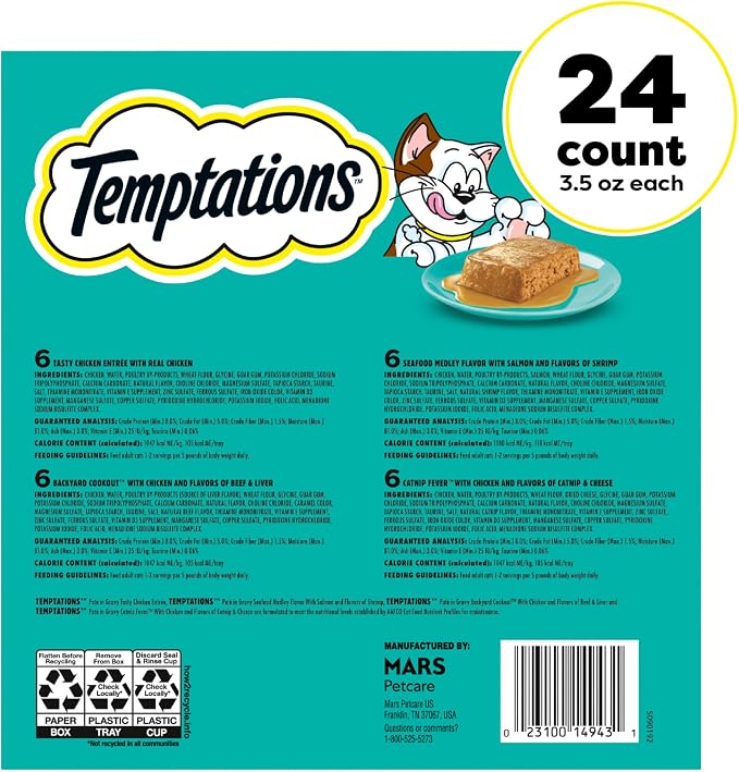Temptations Pate in Gravy Adult Wet Cat Food Tasty Chicken Entree, Seafood Medley, Backyard Cookout, and Catnip Fever, 3.5 oz. Trays (24 Count, Pack of 1)
