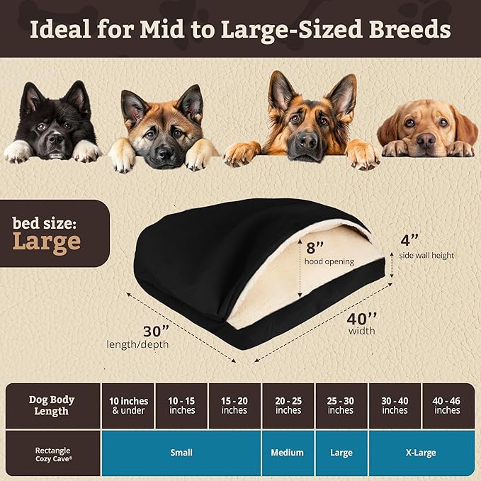 Snoozer Rectangle Cozy Cave Dog Bed - Indoor Dog Bed with Cover Cave, Covered Calming Burrow for Medium & Large Sized Pets with Blanket Attached, Enclosed, Washable Cover - Large, Black