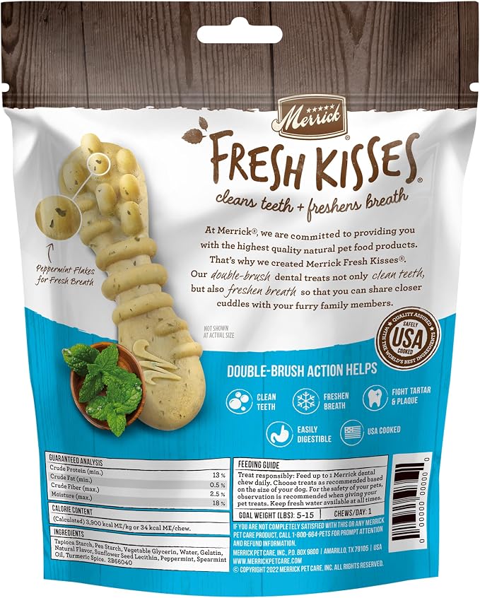 Merrick Fresh Kisses Natural Dental Chews Toothbrush Treat Shape Infused with Real Mint for Tiny Dogs 5-15 Lbs - 20 ct. Bag (Pack of 2)