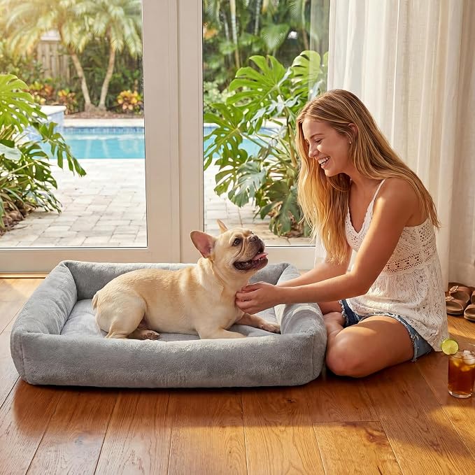 Cooling Dog Bed for Large Dogs - Removable Inner Cushion & Reversible Design (Ice‑Silk Cooling Layer | Sherpa Fleece Layer), Non‑Slip Bottom Washable Medium Mat for Crates, Beds, Sofas 24" × 15"