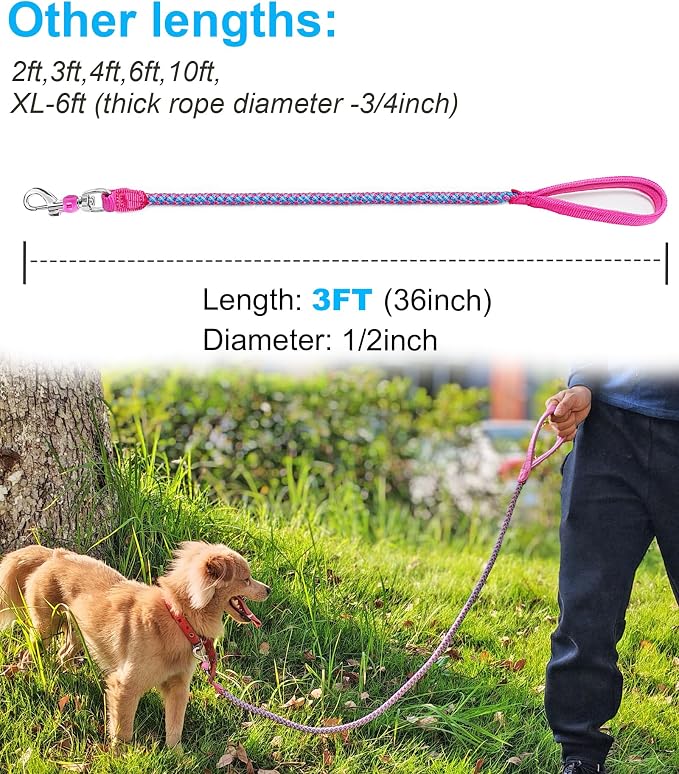 2/3/4/6/10 Foot Reflective Dog Leash Strong Nylon Rope Braided Heavy Duty for Large Medium Small Dogs Walking Training Leads (Pink, 3ft * 1/2")