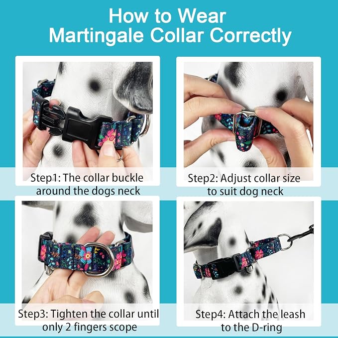 Martingale Collar for Dogs Floral Dog Collars for Small Medium Large Dogs with Buckle Adjustable Soft Nylon Dog Collar (Blue Pink Flower, XLarge)