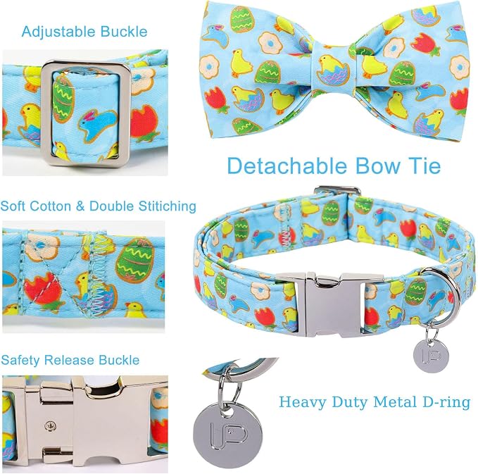 Easter Dog Collar with Bow Tie, Cotton Bunny Bowtie for Large Girl Boy Dog, Cute Rabbit Pet Collar with Metal Buckle, Gift, M