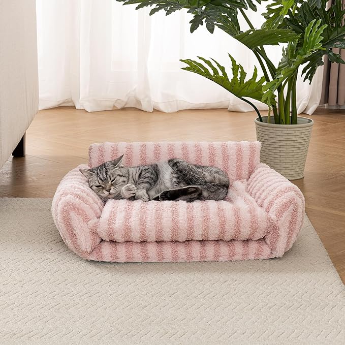 Hollypet Cat Bed Fluffy Plush Multifunctional Double-Layer Machine Washable Soft Warming Kitty Pet Couch Orthopedic Nest Beds for Small Cats Kitten and Dogs up to 13lbs, Pink(21x15x8 inch)