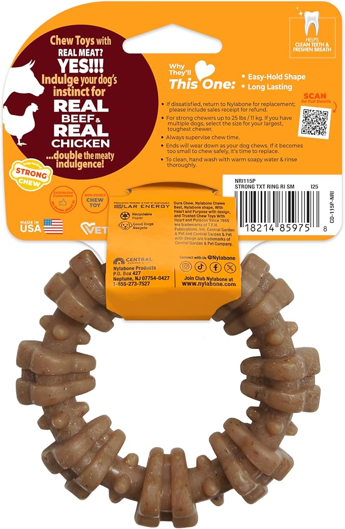Nylabone Strong Chew Textured Ring Dog Toy Made with Real Beef & Chicken, Durable Chew Toys for Aggressive Chewers, Long Lasting Dog Bone, Keeps Dogs Busy, Small Breeds - Up to 25 lbs