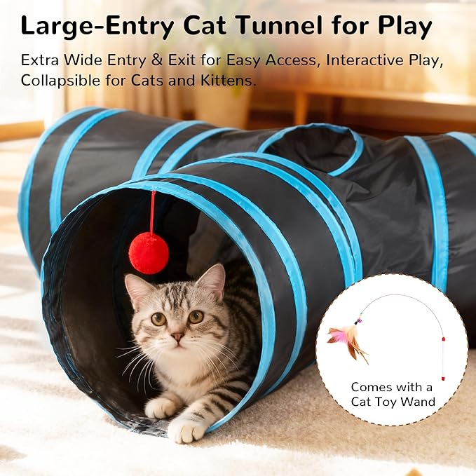 Tempcore Cat Tunnel for Indoor Cats, 3 Way Collapsible Pet Play Tunnel with Teaser Wand, Peek Holes & Hanging Ball, Interactive Tube for Kittens & Rabbits, Black & Blue Large Size