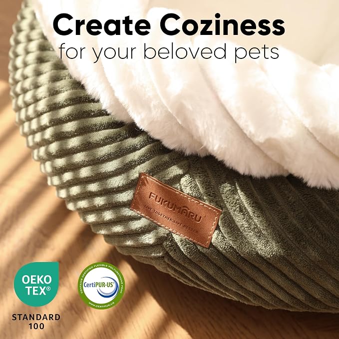 FUKUMARU Cat Bed, Calming Donut Dog Beds, Plush Faux Fur&Corduroy Kitten Beds, Cute Round Washable Pet Bed for Large Cats and Puppy, Cat Cave with Anti-Slip Bottom, 21inch, Green