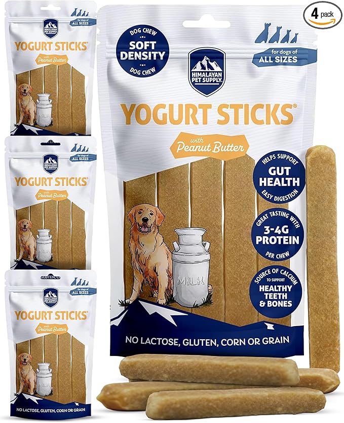 Himalayan Dog Chew Yogurt Sticks, Peanut Butter, Dog Treats with Prebiotics, Probiotics & Protein, Digestive Support, Lactose & Gluten Free, Natural Dog Treat for All Breeds, Made in America, 4pk