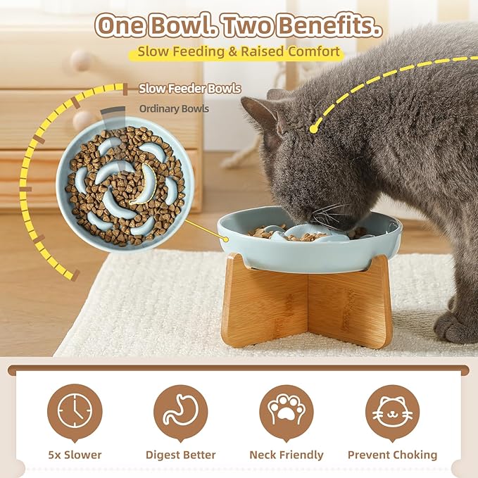 Elevated Slow Feeder Cat Bowl - Ceramic Cat Food Dish with Anti-Slip Bamboo Stand - Whisker Friendly Feeding Bowl - Raised Maze Plate for Slow Down Eating - Light Pink