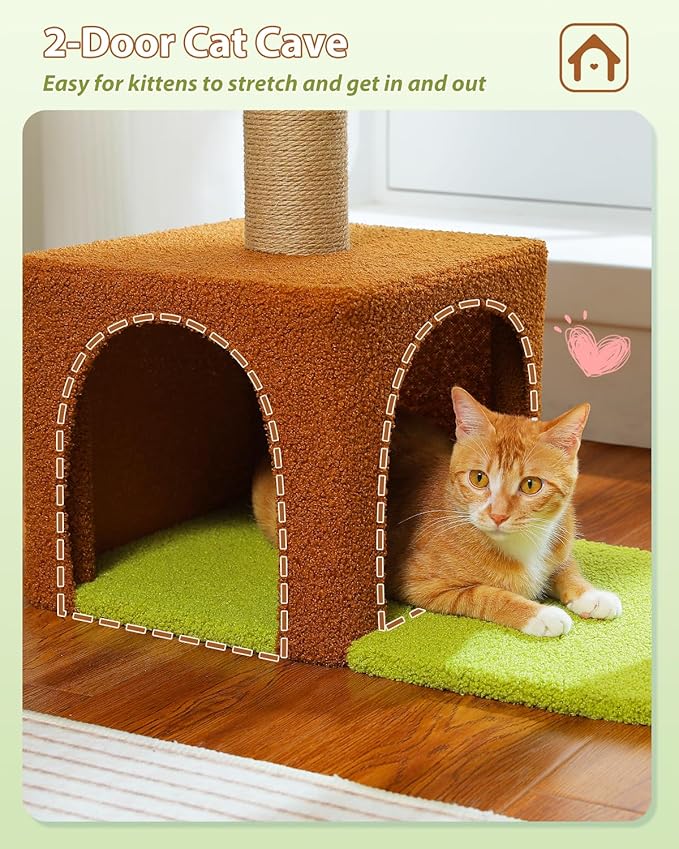 MUTTROS Flower Cat Tree with Sisal Scratching Posts, 35" Cute Cat Tower with Large Green Hammock for Small Indoor Cats, Cat Condo with Removable Flower Bed for Kittens, Brown