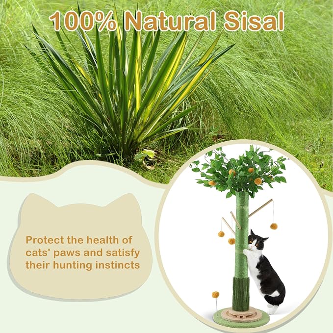 Cat Scratching Post, 45 Inch Tall Cat Scratcher Tree for Indoor Cats Adults with Natural Sisal Rope, Large Scratching Posts with Rubber Brush, 3-Layer Solid Wood Base and Balls Track Toy