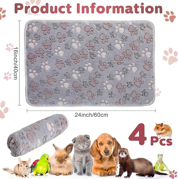Panelee 4 Pcs 24 x 16 Inch Waterproof Dog Puppy Pads Soft Cat Blankets Dog Sleep Mat Absorbent Pet Blanket Paw Pattern Whelping Warm Pads Fleece Puppy Potty Training Pad Reusable(Gray)