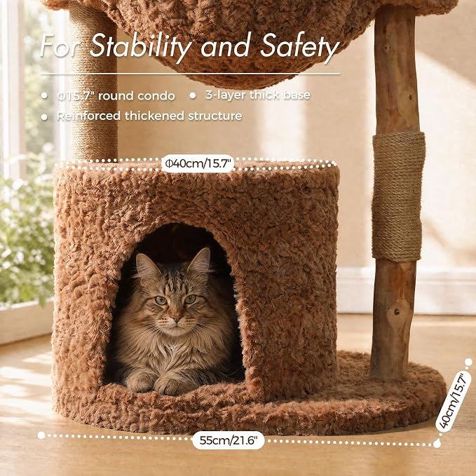PAWZ Road Modern Cat Tree with Natural Solid Wood Scratching Post, 40 Inches Cat Tower with Large Wicker Basket,Spacious Hammock,Luxury Condo for Indoor Cats，Brown