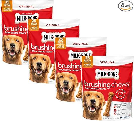 Milk-Bone Brushing Chews Original Chicken Flavor Daily Dental Dog Treats, Large, 33.7 Oz. Bag (Pack of 4)