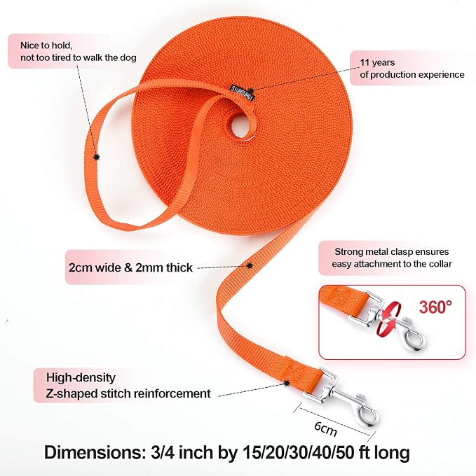Siumouhoi Dog/Puppy Obedience Recall Training Agility Lead - 15ft 20ft 30ft 50ft Training Leash - Great for Play, Camping, or Backyard - Orange 50ft