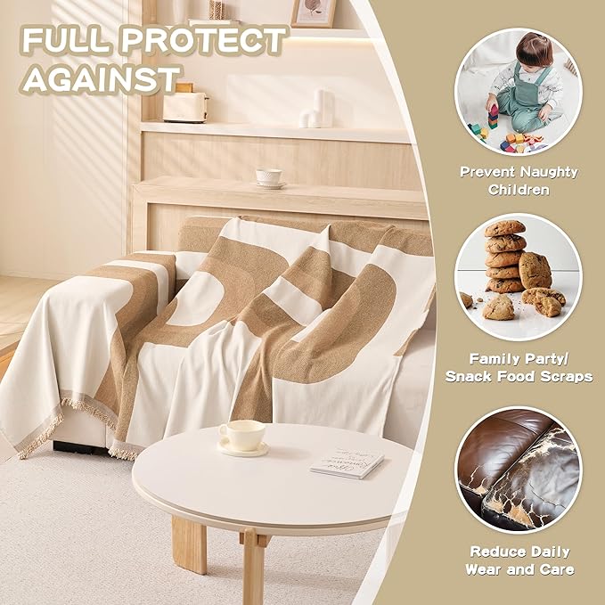 MEETSKY Oversized Sofa Cover Boho Chenille Couch Cover for 3-4 Cushion Sofa，Khaki White Geometric Jacquard Sofa Slipcover Pet Friendly Dogs Sofa Protector，91" x 150", Khaki Geometry