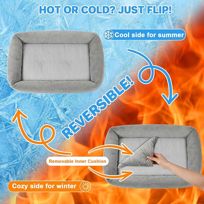 Cooling Cat Bed for Small Medium Cats - Removable Inner Cushion & Reversible Design (Ice‑Silk Cooling Layer | Sherpa Fleece Layer), Non‑Slip Bottom Washable Cooling Mat for Cats, Crates 20" × 14"