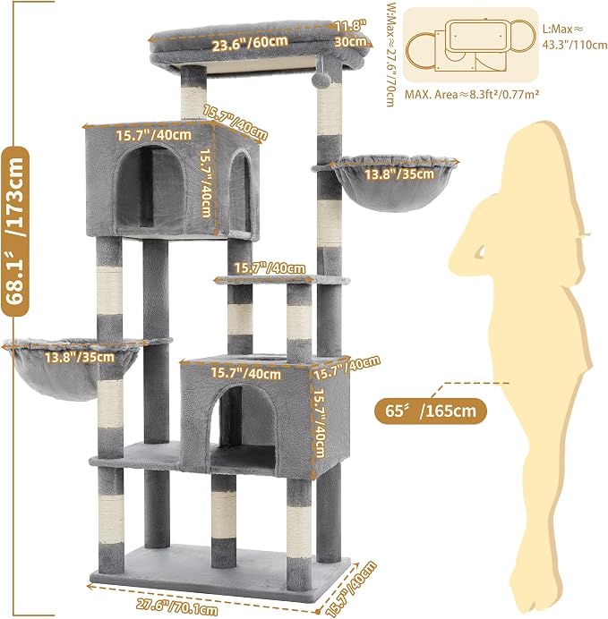 Heybly 68.1" Cat Tree with Oversized Top Platform & Wide Base, Heavy Duty Cat Tower for Large Indoor Cats with 2 Condos, 2 Hammocks, 10 Sisal Scratching Posts, Stable Cat House, Light Gray HCT059W