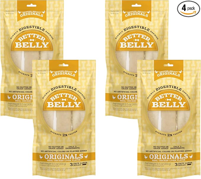 Better Belly Highly Digestible Rawhide Large Roll Chews, 3 Count (Pack of 4)