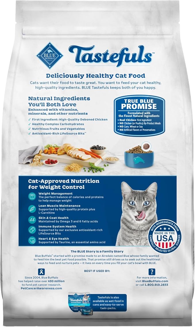 Blue Buffalo Tastefuls Chicken & Brown Rice Recipe Adult Dry Cat Food Weight Control, Real Chicken First, Deliciously Healthy Natural Cat Food, Supports Digestive Care and Coat Health, 7 lbs.