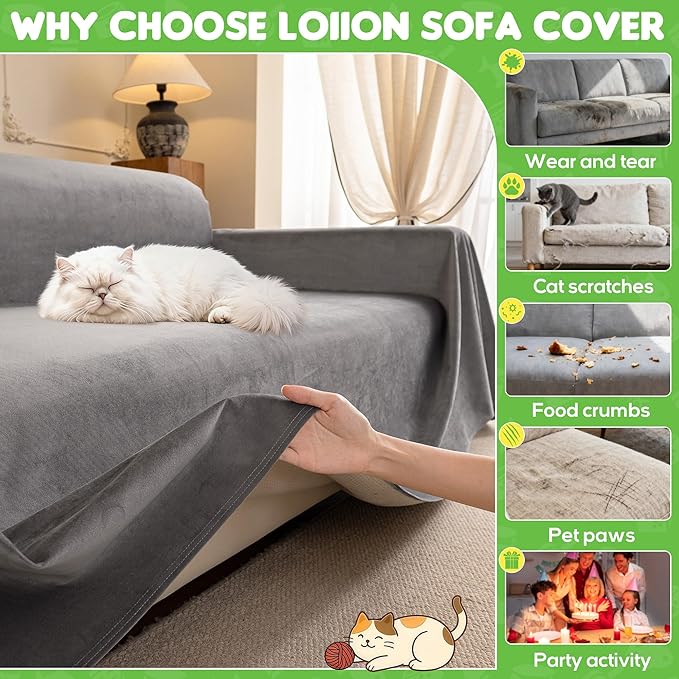 LOllON Velvet Couch Cover for Cats Dogs Kids - 100% Waterproof Cat Scratch Resistant Sofa Cover, Non-Slip Washable Furniture Protector,Ultra Soft Pet-Friendly Slipcover for 3-Seat Sofa 150"X71" Grey
