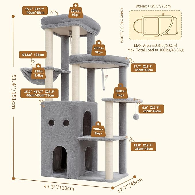 Heybly Cat Tree, 59.4" Secure Anti-Tip Cat Tower for Large Cats, Spacious Cat Furniture with Dual-Tier Cat Condo, 2 Top Perches, Hammock and Sisal Scratching Posts, Light Gray HCT055W