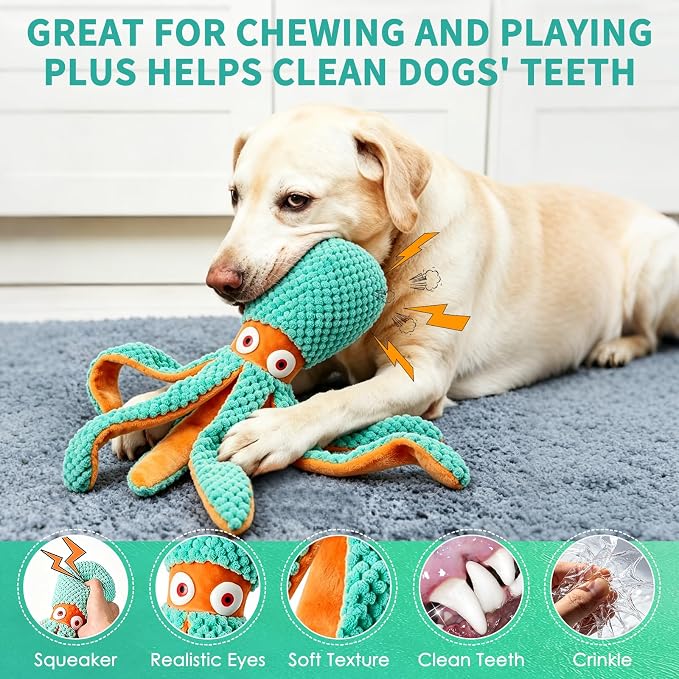 Fuufome Squeaky Octopus Plush Dog Toy for Small Medium Dogs, Soft Crinkle Chew Toy for Puppies Teething, Indoor Interactive Tug-of-War Dog Toy