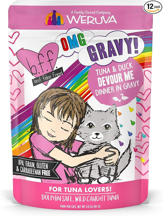 Weruva B.F.F. OMG - Best Feline Friend Oh My Gravy!, Tuna & Duck Devour Me with Tuna & Duck in Gravy Cat Food, 3oz Pouch (Pack of 12)