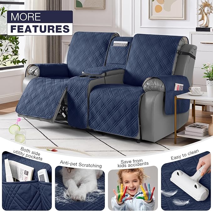 TAOCOCO Waterproof Loveseat Recliner Cover with Console, Non-Slip Reclining Loveseat with Console Cover with Pocket, Split Recliner Sofa Covers Furniture Protector for Pets Dogs(2 Seater, Navy Blue)