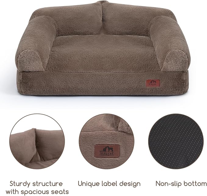Hollypet Fluffy Plush Dog Cat Pet Couch Soft Calming Sofa Bed for Medium Small Cats and Dogs, Gray, 28"x21"x10"
