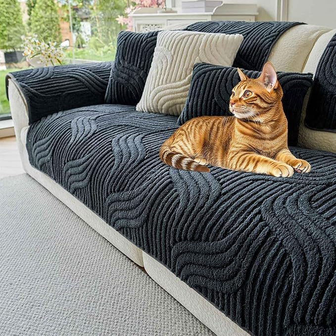 OTOB Couch Covers for 3 Cushion Couch Sofa Pet Friendly, Washable & Non Slip Fuzzy Plush Sofa Cover Slipcovers, All Seasons Ultra Soft Furniture Protector, 1 Piece (Dark Gray, 27.6"x70.9")