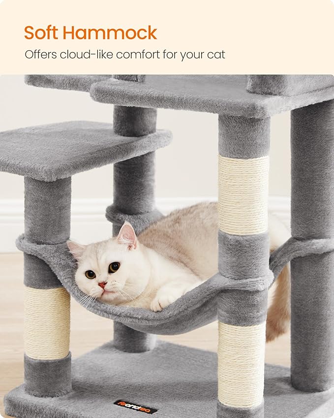 Feandrea Cat Tree, 44.1-Inch Cat Tower, Plush Multi-Level Condo with 4 Scratching Posts, 2 Perches, Hammock, Cave, Light Gray UPCT261W01