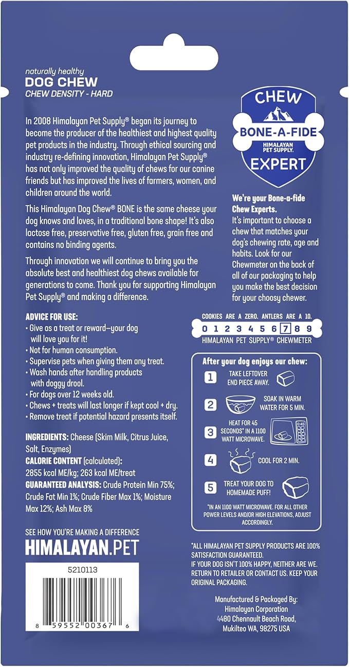 Himalayan Pet Supply Dog Chew Bone - Medium | Long Lasting, Stain Free, Protein Rich, Low Odor | 100% Natural, Healthy & Safe | No Lactose, Gluten, Soy or Grains | for Dogs 45 lbs and Under, Cheese