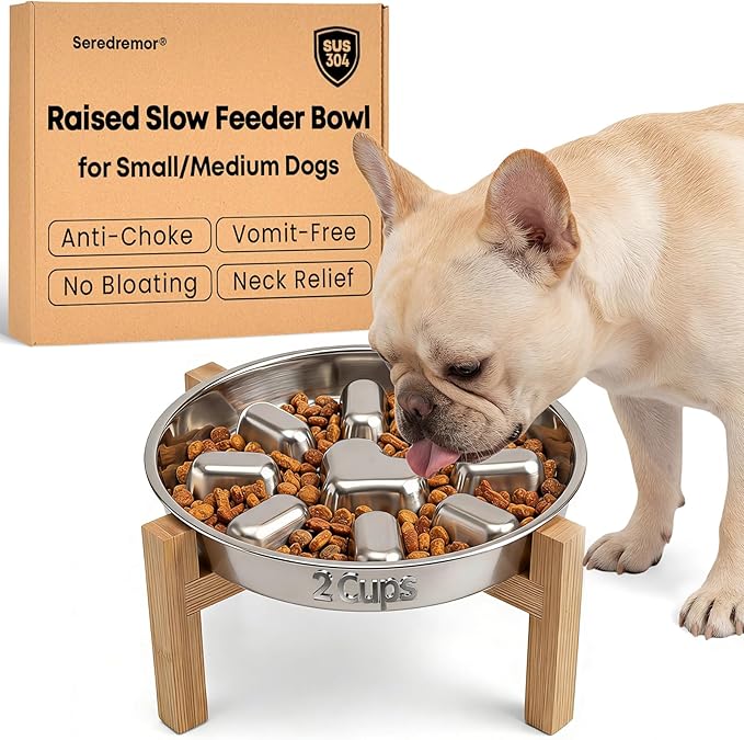 Elevated Slow Feeder Dog Bowl for Small Medium Breed Puppies, 2 Cup 304 Stainless Steel Maze Food Dish for Fast Eaters, Non Slip Raised Doggy Metal Plate with 5.5 Inch Stand, Non Gobbling, Neck Relief