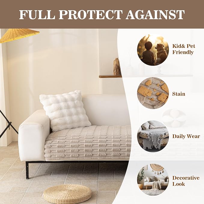 MYSKY HOME 100% Waterproof Couch Cover for Dogs, Plush Pet Couch Covers for Sofa Washable, Couch Covers for 2 Cushion Sofa Pet Friendly, Non-Slip Durable Sofa Cover Slipcover Protector, Khaki, 35"x63"