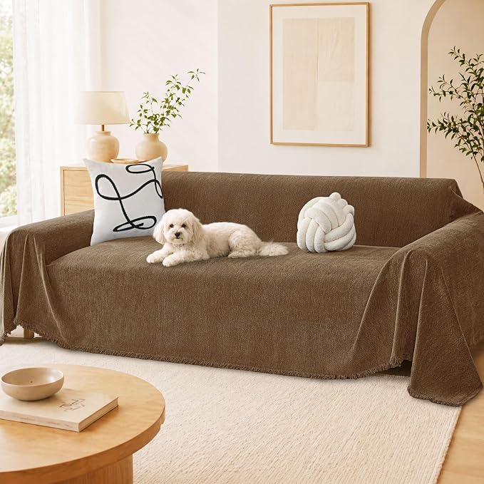 hyha Couch Cover for Dogs, Boho Sofa Covers for 3 Cushion Couch Washable, Chenille Sofa Slipcover for Pets, Soft Loveseat Sectional Couch Throw Blankets with Tassels (Chocolate, 71x91 Inch)