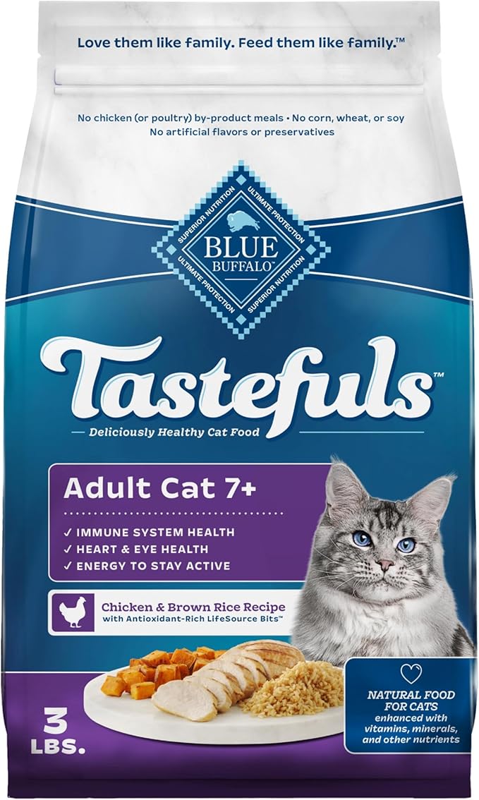 Blue Buffalo Tastefuls Mature Dry Cat Food for Adult Cats 7+, Made in the USA with Natural Ingredients, Chicken & Brown Rice Recipe, 3-lb. Resealable Bag